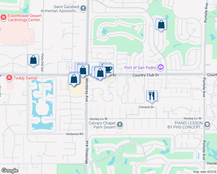 map of restaurants, bars, coffee shops, grocery stores, and more near Sagewood Drive & Silktree Court in Palm Desert