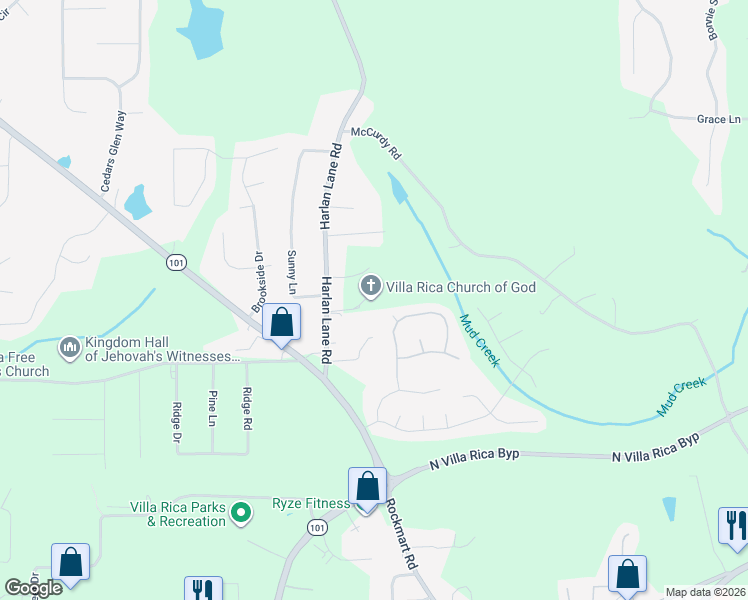 map of restaurants, bars, coffee shops, grocery stores, and more near 97 Harlan Lane Road in Villa Rica