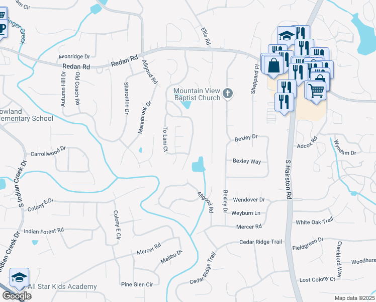 map of restaurants, bars, coffee shops, grocery stores, and more near 1351 To Lani Farm Road in Stone Mountain