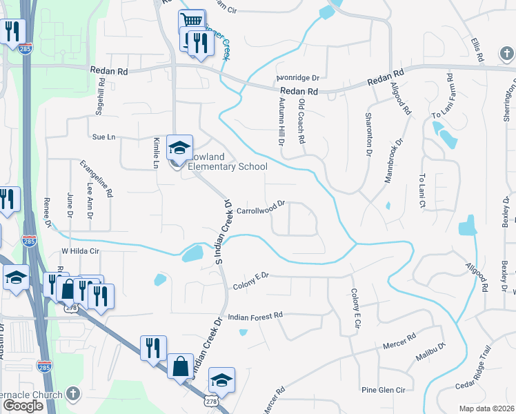 map of restaurants, bars, coffee shops, grocery stores, and more near 4190 Carrollwood Drive in Stone Mountain