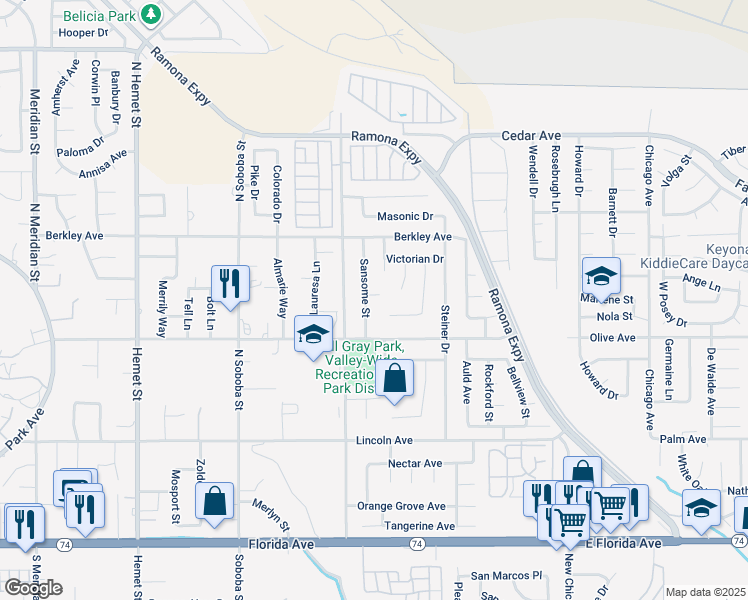 map of restaurants, bars, coffee shops, grocery stores, and more near 42826 Woodside Court in Hemet