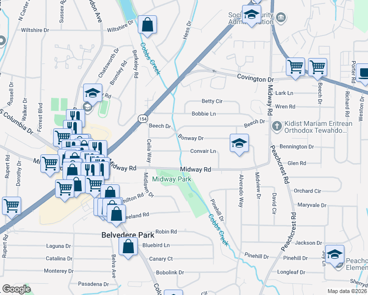 map of restaurants, bars, coffee shops, grocery stores, and more near 3189 Convair Lane in Decatur