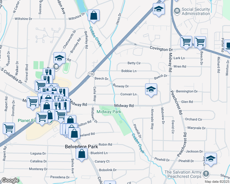 map of restaurants, bars, coffee shops, grocery stores, and more near 3189 Convair Lane in Decatur