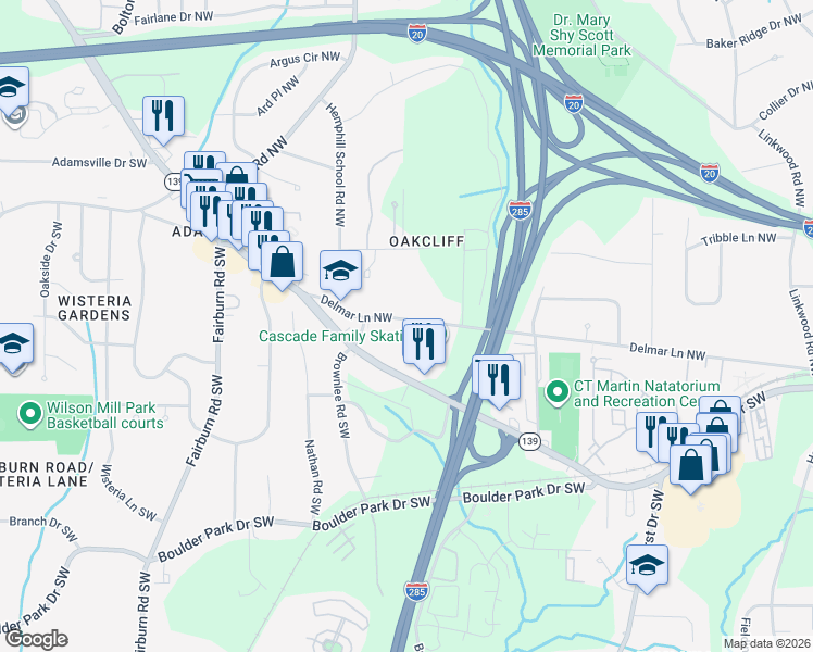 map of restaurants, bars, coffee shops, grocery stores, and more near 3366 Delmar Lane Northwest in Atlanta