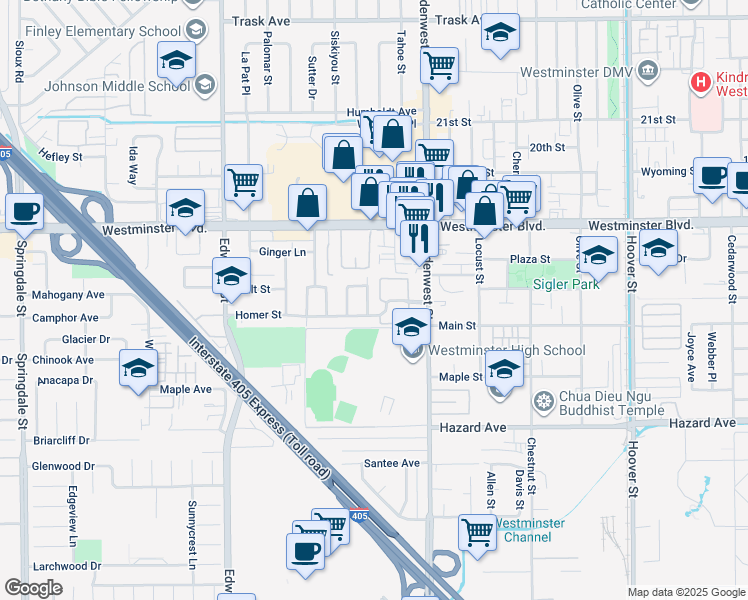 map of restaurants, bars, coffee shops, grocery stores, and more near 14202 Denise Drive in Westminster