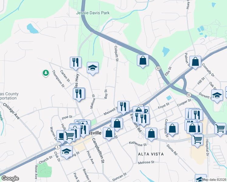 map of restaurants, bars, coffee shops, grocery stores, and more near 8211 Colquitt Street in Douglasville