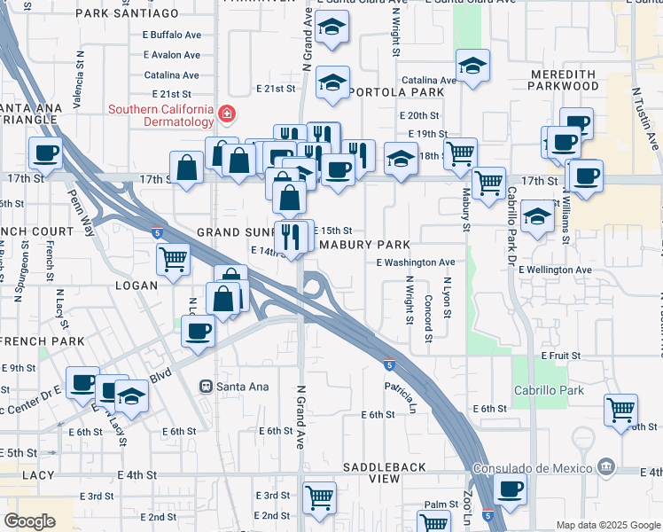 map of restaurants, bars, coffee shops, grocery stores, and more near 1311 East Washington Place in Santa Ana