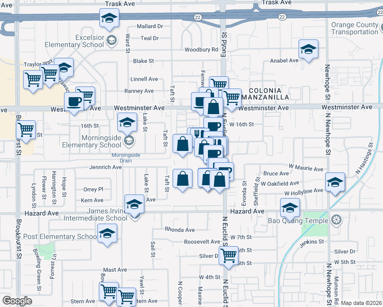 map of restaurants, bars, coffee shops, grocery stores, and more near 10822 Forbes Ave in Garden Grove