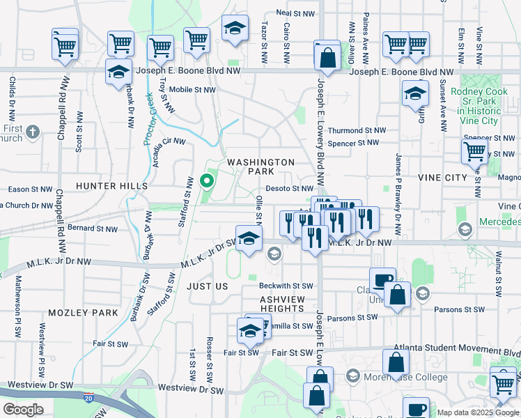 map of restaurants, bars, coffee shops, grocery stores, and more near 1012 Lena Street Northwest in Atlanta