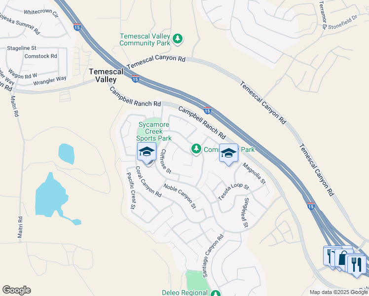 map of restaurants, bars, coffee shops, grocery stores, and more near 11060 Sweetgum Street in Corona