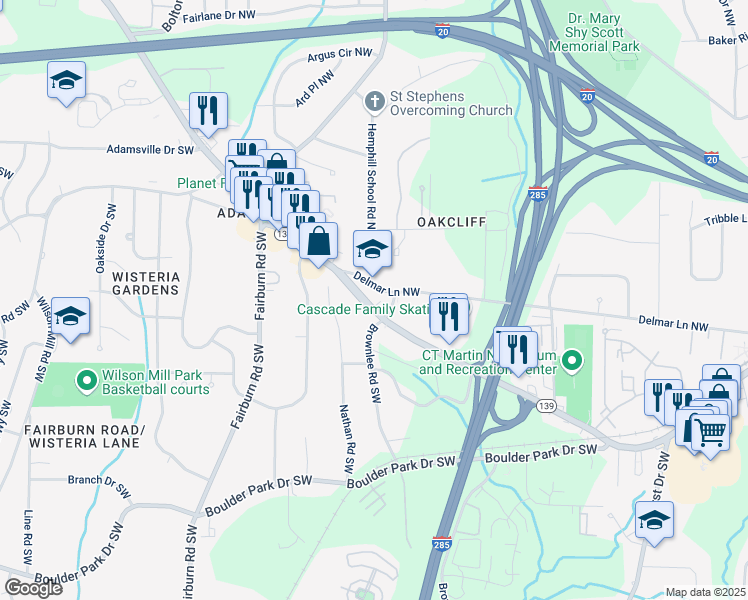map of restaurants, bars, coffee shops, grocery stores, and more near 3455 Martin Luther King Junior Drive Southwest in Atlanta