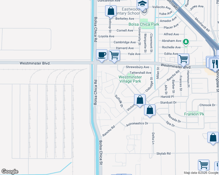map of restaurants, bars, coffee shops, grocery stores, and more near 5213 Piccadilly Circle in Westminster