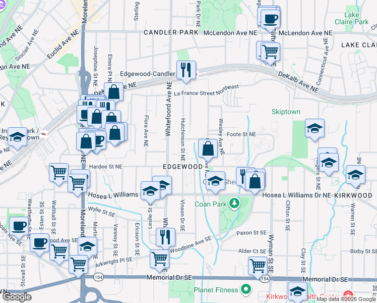 map of restaurants, bars, coffee shops, grocery stores, and more near in Atlanta