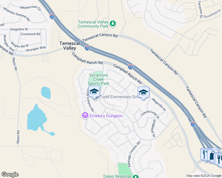map of restaurants, bars, coffee shops, grocery stores, and more near 11031 Sweetgum Street in Corona