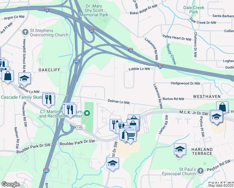 map of restaurants, bars, coffee shops, grocery stores, and more near 33 Stratford Drive Northwest in Atlanta
