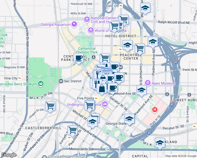map of restaurants, bars, coffee shops, grocery stores, and more near 25 Fairlie Street Northwest in Atlanta