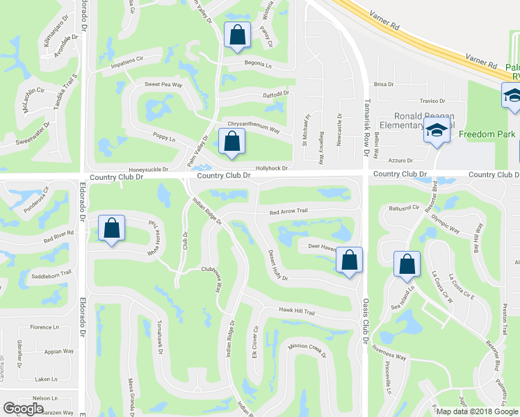 map of restaurants, bars, coffee shops, grocery stores, and more near 642 Red Arrow Trail in Palm Desert