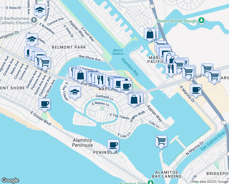 map of restaurants, bars, coffee shops, grocery stores, and more near 5747 Campo Walk in Long Beach