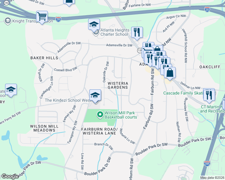 map of restaurants, bars, coffee shops, grocery stores, and more near 3770 Stamford Road Southwest in Atlanta