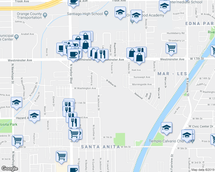 map of restaurants, bars, coffee shops, grocery stores, and more near 230 Green Drive in Santa Ana