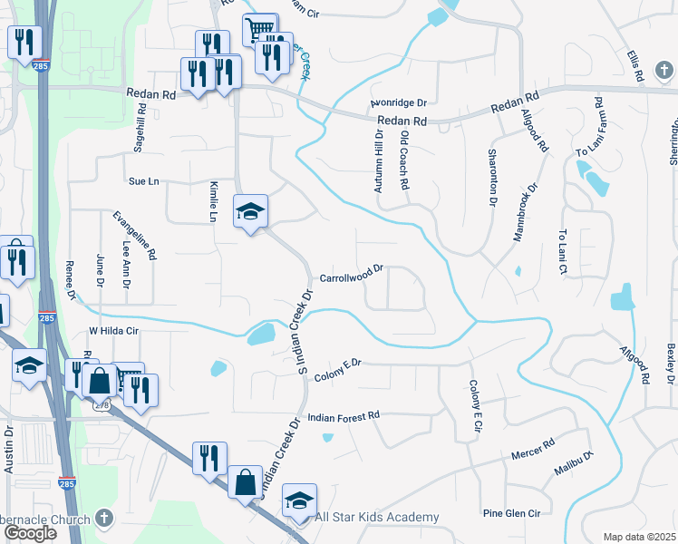 map of restaurants, bars, coffee shops, grocery stores, and more near 4171 Carrollwood Drive in Stone Mountain