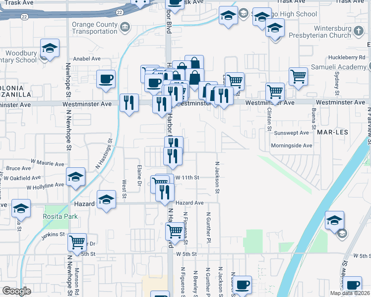 map of restaurants, bars, coffee shops, grocery stores, and more near 3712 West Washington Avenue in Santa Ana