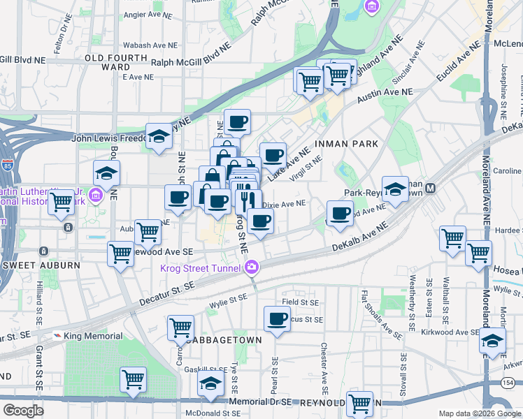map of restaurants, bars, coffee shops, grocery stores, and more near in Atlanta