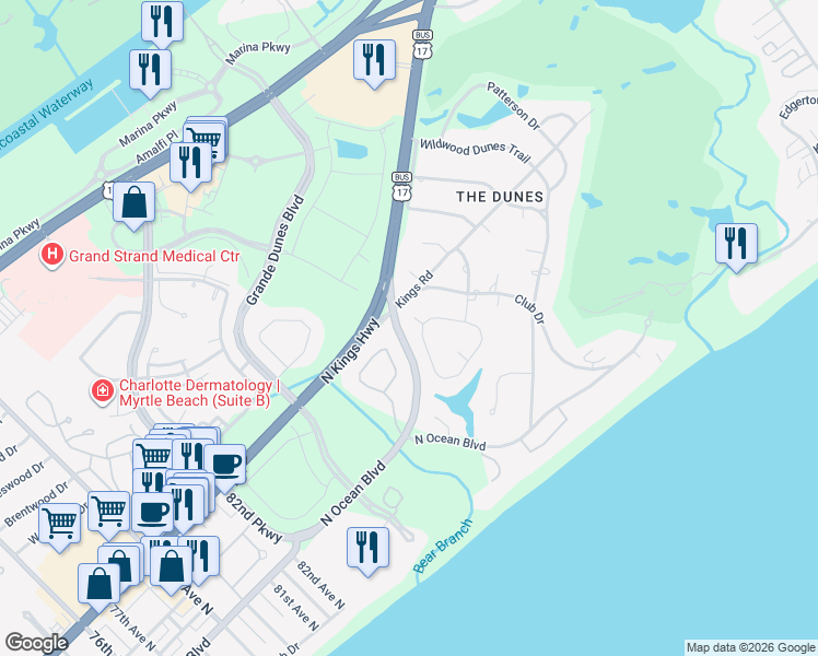 map of restaurants, bars, coffee shops, grocery stores, and more near 7 Chapin Circle in Myrtle Beach