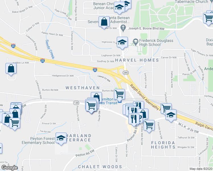 map of restaurants, bars, coffee shops, grocery stores, and more near Laurel Cir in Atlanta