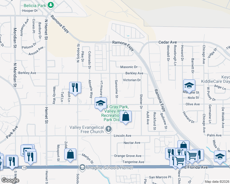 map of restaurants, bars, coffee shops, grocery stores, and more near 25175 Sansome Street in Hemet