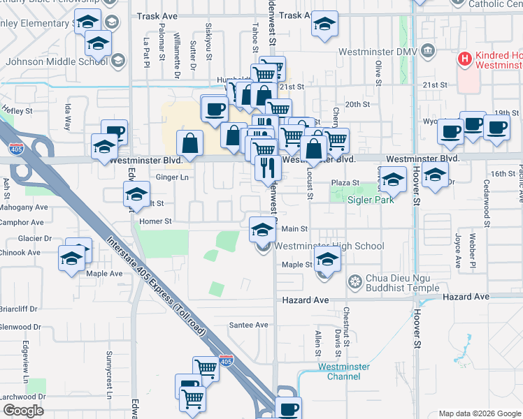 map of restaurants, bars, coffee shops, grocery stores, and more near 6922 Homer Street in Westminster