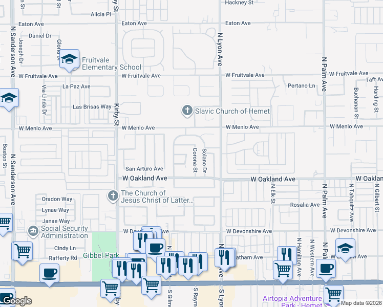 map of restaurants, bars, coffee shops, grocery stores, and more near 639 Corona Street in Hemet