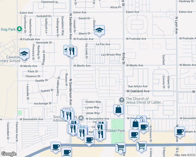 map of restaurants, bars, coffee shops, grocery stores, and more near 601 North Kirby Street in Hemet