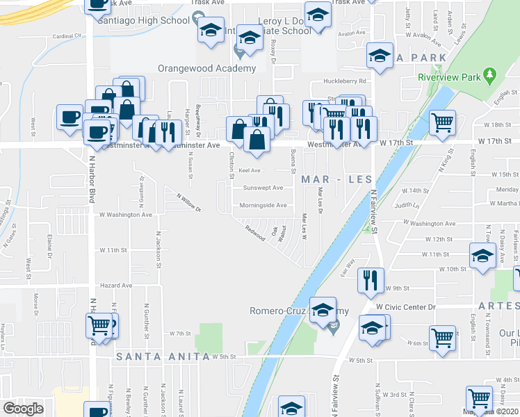 map of restaurants, bars, coffee shops, grocery stores, and more near 12602 Morningside Avenue in Garden Grove