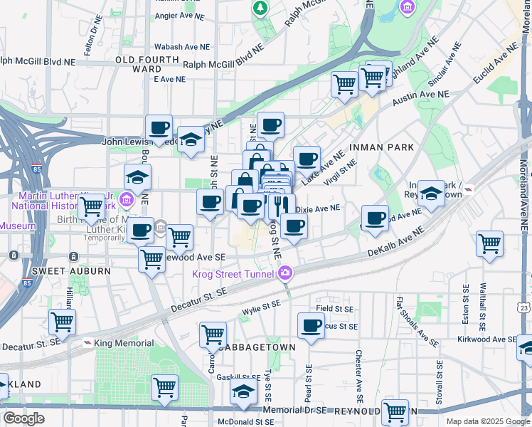 map of restaurants, bars, coffee shops, grocery stores, and more near 112 Krog Street Northeast in Atlanta
