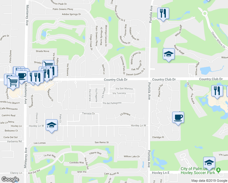 map of restaurants, bars, coffee shops, grocery stores, and more near 1602 Via San Martino in Palm Desert
