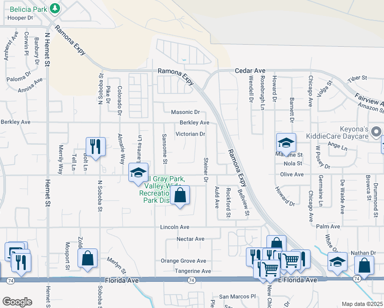 map of restaurants, bars, coffee shops, grocery stores, and more near 25176 Laguna Honda in Hemet