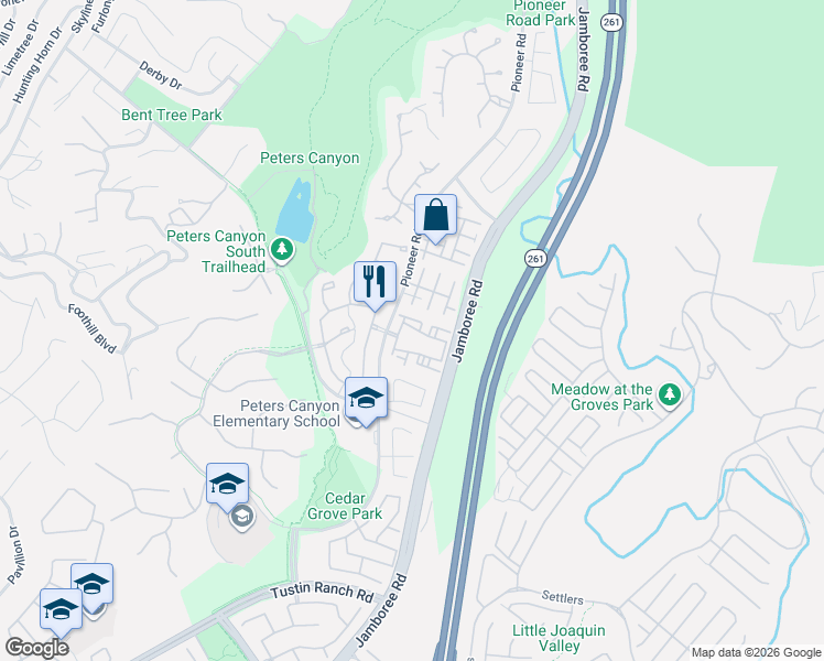 map of restaurants, bars, coffee shops, grocery stores, and more near 2665 Dunstan Drive in Tustin