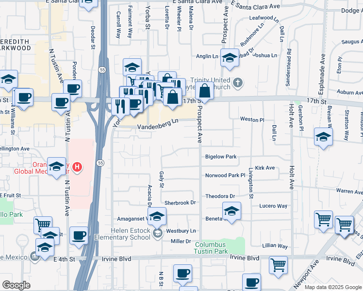 map of restaurants, bars, coffee shops, grocery stores, and more near 17632 Wellington Avenue in Tustin