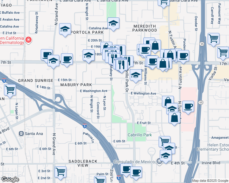 map of restaurants, bars, coffee shops, grocery stores, and more near 1300 Cabrillo Park Drive in Santa Ana