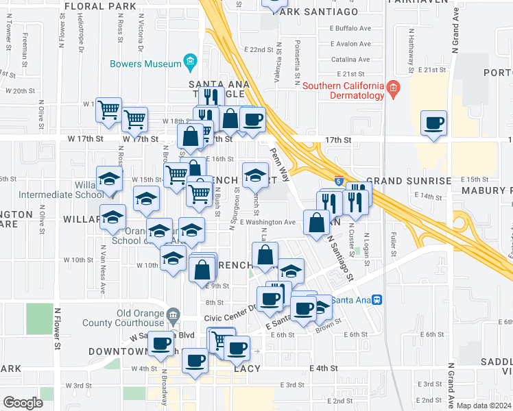 map of restaurants, bars, coffee shops, grocery stores, and more near 1310 French Street in Santa Ana