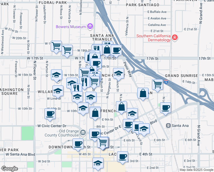 map of restaurants, bars, coffee shops, grocery stores, and more near 1310 North Spurgeon Street in Santa Ana