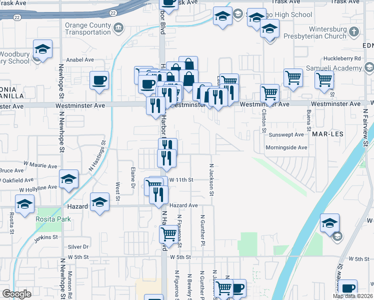 map of restaurants, bars, coffee shops, grocery stores, and more near 1222 North Bewley Street in Santa Ana