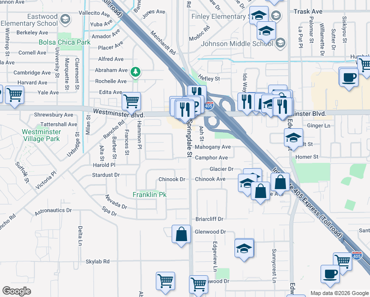 map of restaurants, bars, coffee shops, grocery stores, and more near 6001 Camphor Avenue in Westminster