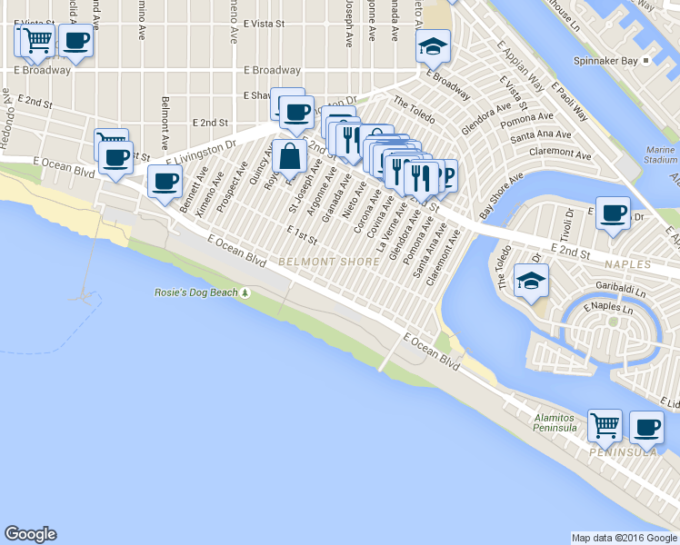 map of restaurants, bars, coffee shops, grocery stores, and more near 5225 East Ocean Boulevard in Long Beach