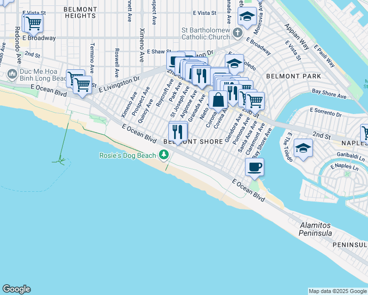 map of restaurants, bars, coffee shops, grocery stores, and more near 5102 East Ocean Boulevard in Long Beach