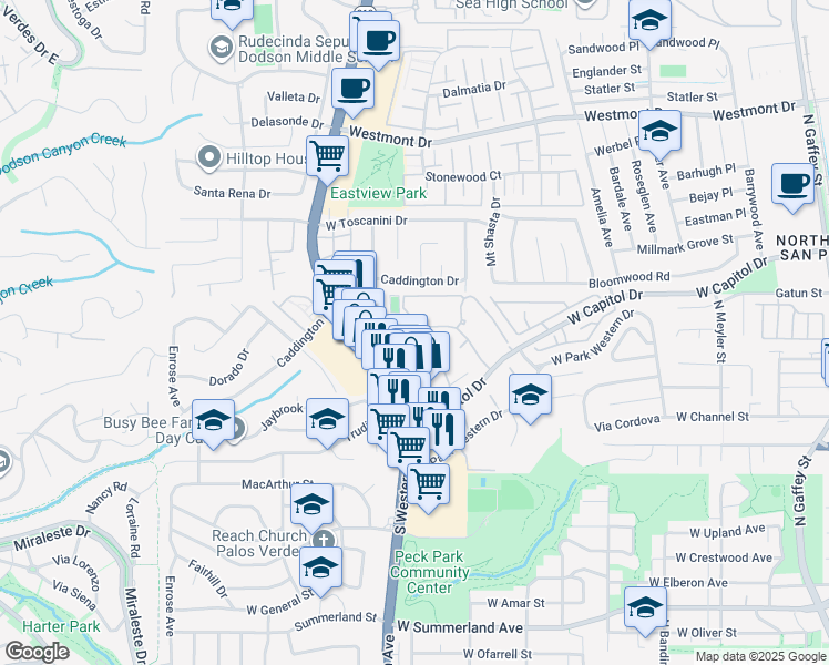 map of restaurants, bars, coffee shops, grocery stores, and more near 1441 Brett Place in Los Angeles