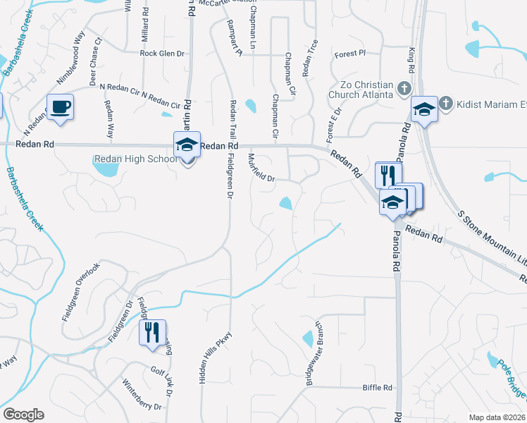 map of restaurants, bars, coffee shops, grocery stores, and more near 1276 Muirforest Drive in Stone Mountain