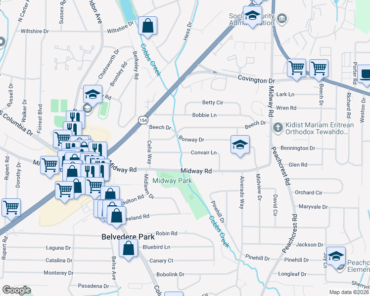 map of restaurants, bars, coffee shops, grocery stores, and more near 3189 Convair Lane in Decatur