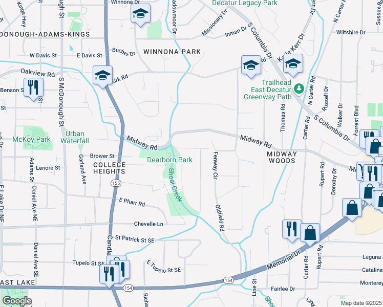 map of restaurants, bars, coffee shops, grocery stores, and more near 2553 Creekwood Terrace in Decatur
